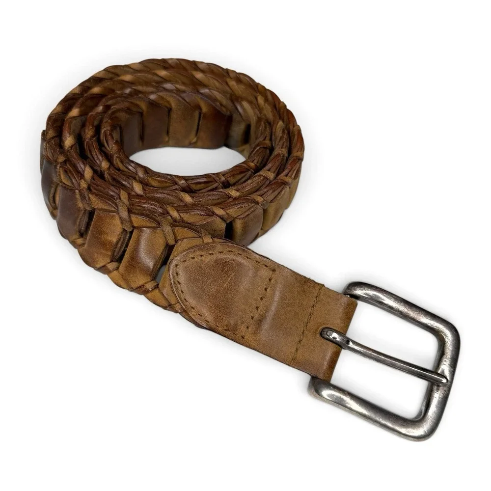 Vintage Braided Link Leather Solid Brass Buckle Belt Brown Patina MEN'S 32